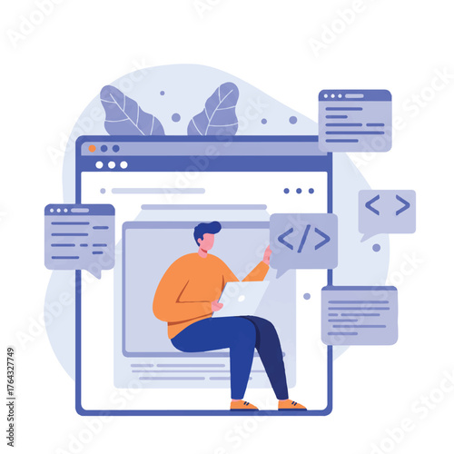 Flat vector illustration showing a web developer sitting inside a giant browser window, comfortably coding and manipulating floating CSS brackets, symbolizing front-end digital construction.