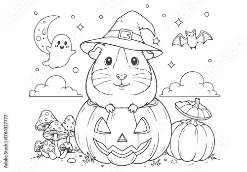 Halloween coloring page book featuring a guinea pig in a witch hat inside a carved pumpkin with spooky elements