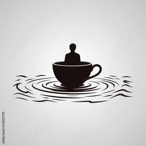 Black silhouette of a person sitting in a coffee cup floating on rippling water woman