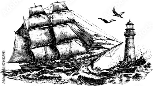 Vintage engraving of a ship near a lighthouse. Detailed line drawing showcasing waves and seagulls in a nautical theme as a vector illustration.