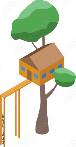 Cozy tree house nestled among green leaves, accessible by a wooden bridge, evoking childhood dreams and outdoor adventures