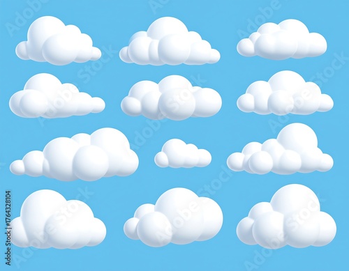 Collection of fluffy, white, three-dimensional cartoon clouds on a blue sky