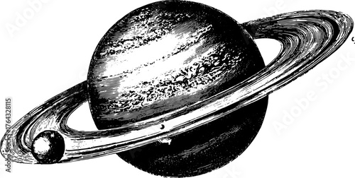 Engraving of Saturn, a planet with a distinctive ring. This vintage illustration features a simple outline style in black and white vector art.