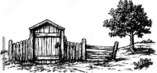 Vintage engraving of a rural gate and shed with a tree. Detailed line drawing illustration showcasing a rustic outdoor landscape in vector style.