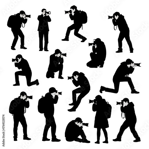 Silhouette Collection: Diverse Poses of Photographers Capturing Moments with Cameras