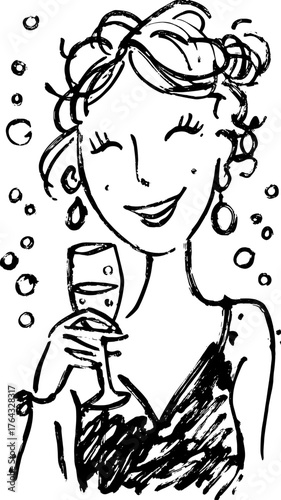 Woman smiling with a champagne glass in hand. Simple line art vector illustration featuring festive elements and bubbles for a celebratory theme.