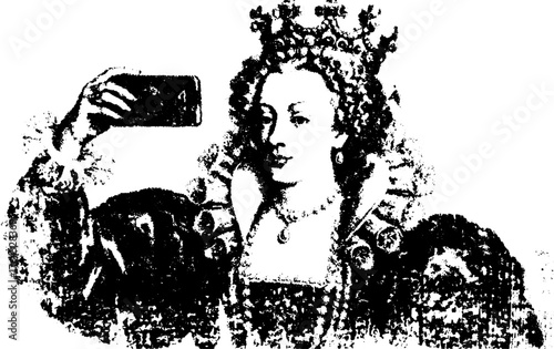 Engraving of a queen taking a selfie. Antique silhouette in a vintage style vector illustration, featuring detailed fashion elements set in the design.