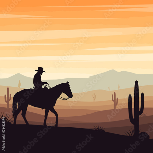 Silhouette of a Cowboy Riding Horse Through the Desert Landscape.
