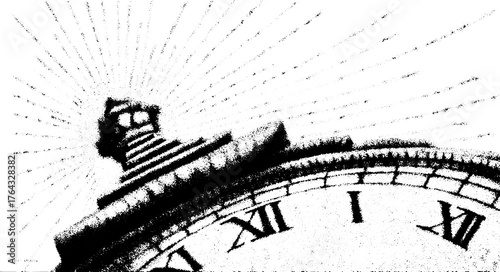 Clock design with a circular dial and light rays. Simple graphic vector illustration in vintage style.