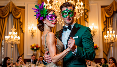 Elegant couple dancing at masquerade ball in luxurious ballroom  during Mardi Gras celebration
