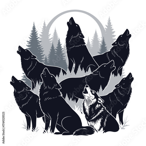 Silhouette of Howling Wolves in a Forest with Moon and Trees.