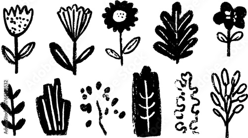 Silhouette flowers and plants in hand-drawn style. Black outline vector illustration set for modern design.