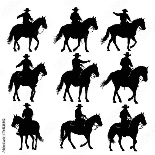 Silhouetted Cowboys on Horseback: A Collection of Equestrian Poses and Gestures