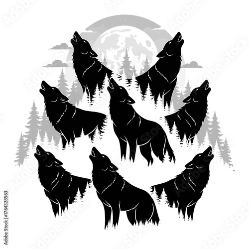 Silhouette of Howling Wolves Under a Full Moon in a Forest Setting