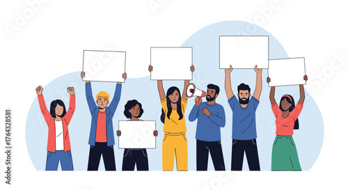 Diverse group of people holding blank signs and protesting.