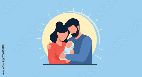 Family embraces newborn baby, celebrating new life and parenthood together.