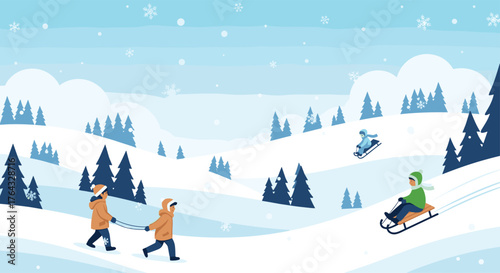 Children enjoying winter sledding down snowy hills.