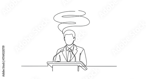 Man speaking at a podium with a thought bubble above his head.