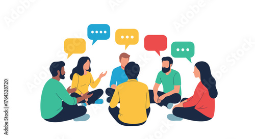 Group of diverse people sitting in a circle having a discussion.
