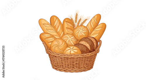 Basket of assorted fresh baked bread loaves and rolls ready to eat.
