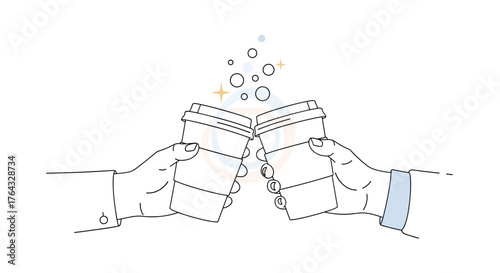 Two hands toasting coffee cups in a celebratory gesture.