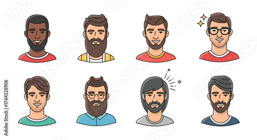 Diverse Group of Men with Various Hairstyles and Facial Hair.