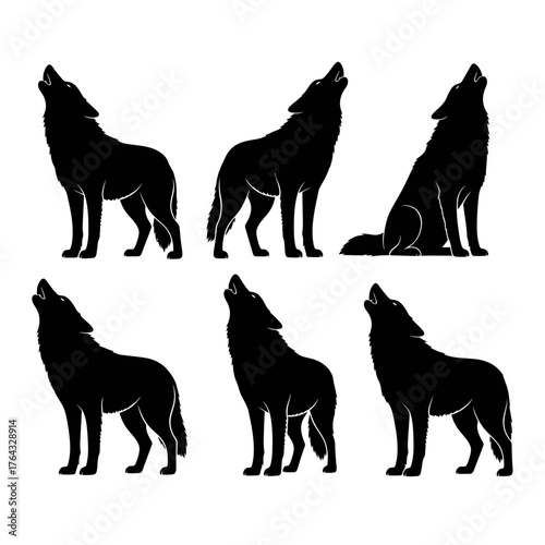 Silhouetted Howling Wolves in Various Poses, Black and White.