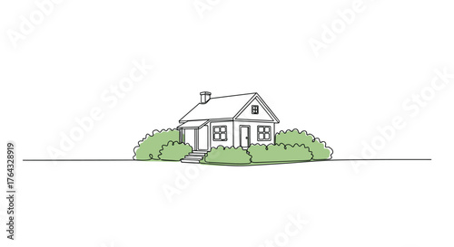 Simple house illustration with green bushes and a chimney on the roof.