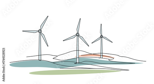 Three wind turbines on a gentle hill landscape with colorful abstract background.