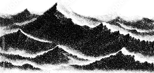Black and white illustration of mountains and waves. Simple vector art set with a textured look, suitable for various design applications.