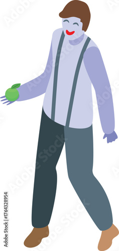Mime artist holding a green apple, performing a pantomime show on the street