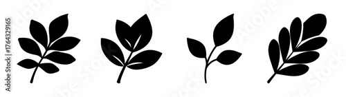Collection of four diverse dark leaf silhouettes with delicate organic edges isolated