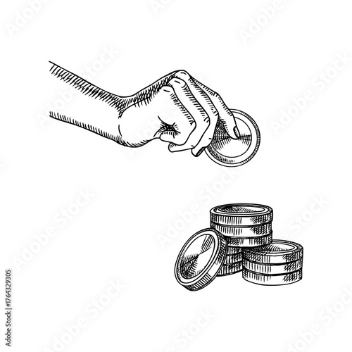 Vintage sketch hand with coins. Global finance, economic, banking, investment, insurance, business school, media, risk management concept. Vector hand drawn isolated illustration.