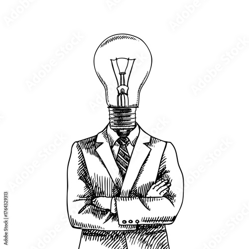 Surreal sketch person in suit with light bulb head symbolizing ideas and creativity. Businessman with business strategy concept. Retro hand drawn vector illustration