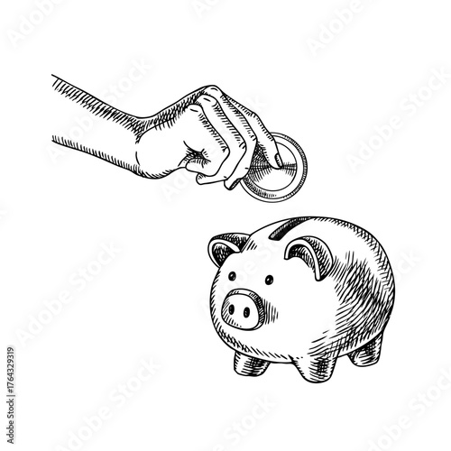 Sketch hand with coin and piggy bank. Saving budget, finance, banking, investment, fintech, insurance, credit, e-commerce, money concept. Hand drawn isolated vector illustration.