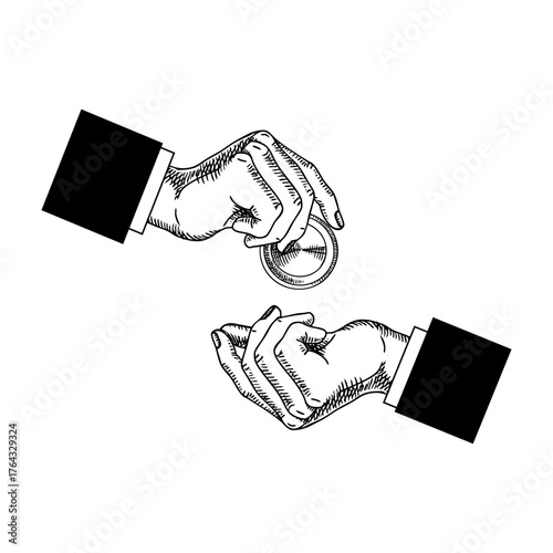 Vintage ssketch hands pass coin. Finance, banking, investment, money transfer, payment, donation, charity, tip, money concept. Hand drawn isolated vector illustration.