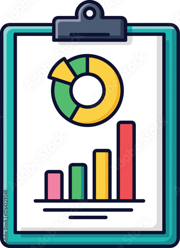 Clipboard Displaying Business Data Analysis and Growth Trends: A Modern Presentation of Financial Statistics and Performance Metrics with Pie Chart and Bar Graph, Illustrating Success, teal frame, bla