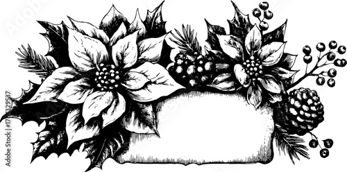 Floral illustration featuring a poinsettia and holly in a vintage style. Includes a blank frame for customization in a vector set.