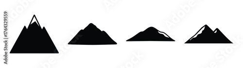 Collection of four distinct black silhouette mountain peaks in various sizes and styles for graphic design