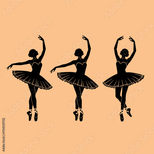 Three Ballerinas in Silhouette Performing Elegant Ballet Poses with Graceful Arm Movements