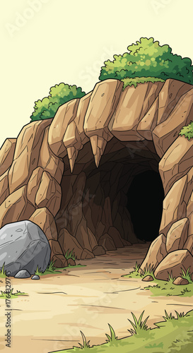 Mysterious Rock Cave Entrance Leading to Dark Depths, Overgrown with Green Bushes, Fantasy Landscape, Exploration Adventure Setting for Storytelling, Education, Animation, Geological Background, Drama