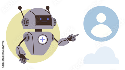 Robot pointing to symbols representing user profile and cloud. Ideal for AI, healthcare, automation, technology, networking, digital assistants, cloud computing. A simple flat metaphor