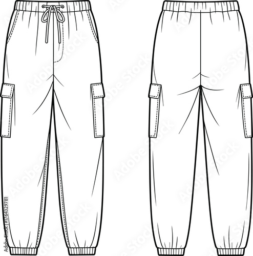 Unisex casual cargo jogger pants fashion flat technical sketch vector illustration for apparel design and clothing template.