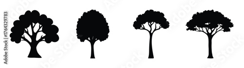 Collection of four distinct black silhouette trees ideal for nature and environmental designs