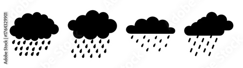 Four stylized dark clouds releasing heavy rain drops in a simple weather icon style