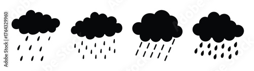 Four dark rain clouds with falling raindrops representing weather conditions and precipitation patterns