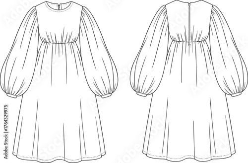 Women's stylish gathered puff sleeve mini dress fashion flat technical sketch vector illustration for apparel design and clothing template.