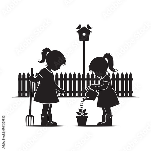 Stylized black silhouette of two young girls gardening side by side isolated on white background