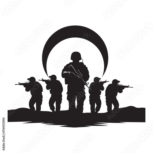 Stylized black silhouette of five special forces soldiers advancing isolated on white background