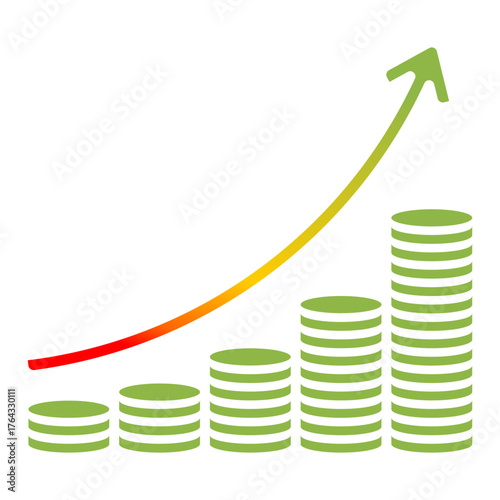 Rising coin stacks with gradient arrow show financial growth, perfect for business, fintech, and investment themes.